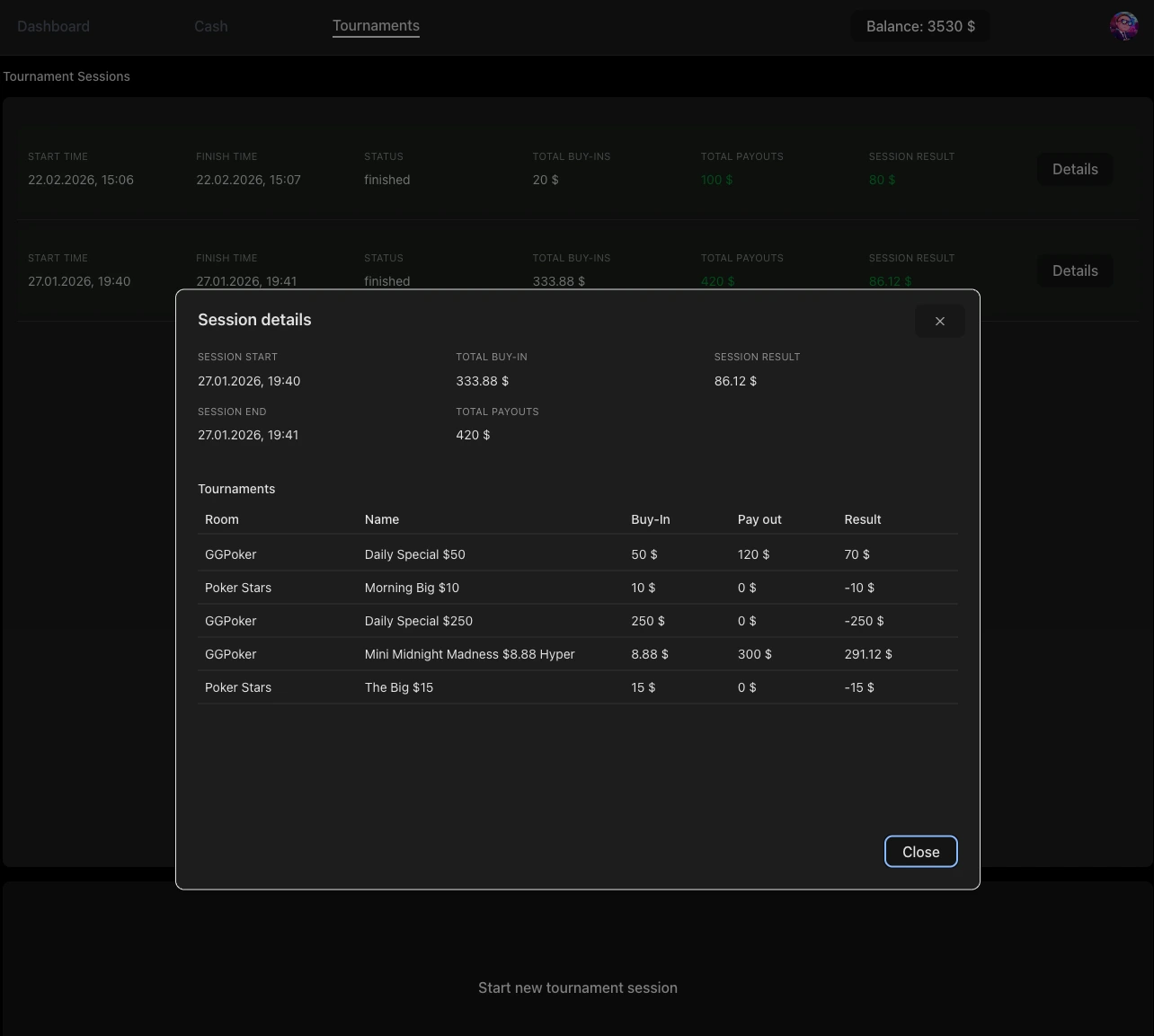 Session-Based Balance Tracker interface